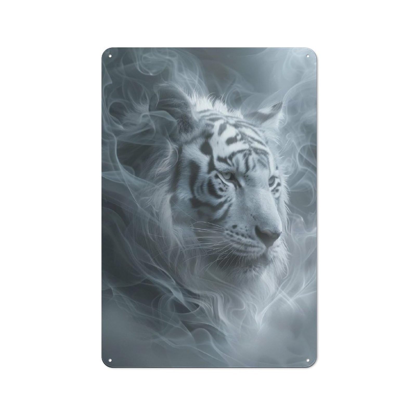 Junmoney White Tiger In Smoke Rustic Tin Sign 30X20cm Featuring For Living Room Wall, For Metal Sign Collectors, For Garage And Workshop Walls