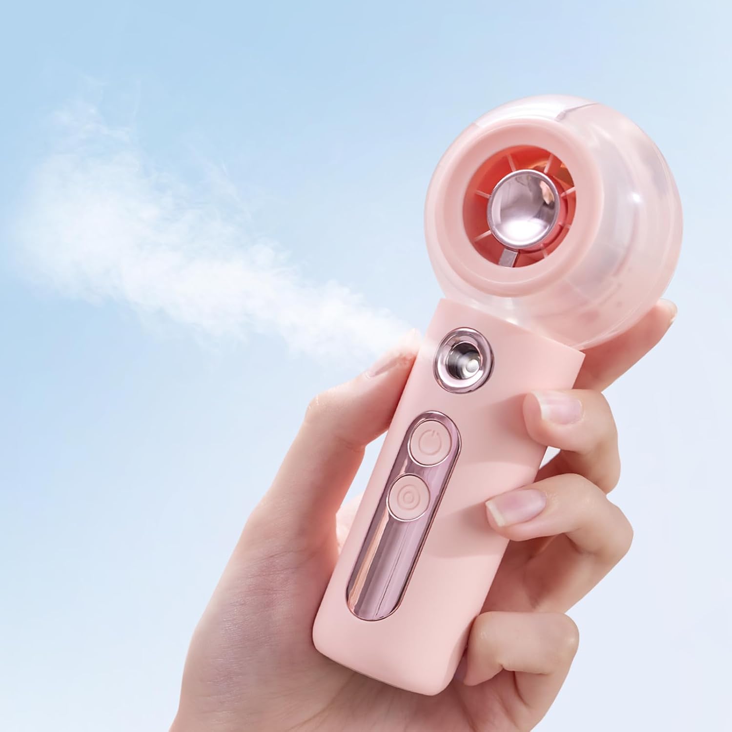 Portable Handheld Misting Fan, Rechargeable Personal Mini Fan with Mist, 4 Speed Turbo Powerful Cooling Fans with Water Spray Tank for Travel, Home, Office, Outdoor, Camping, Beach (Pink)