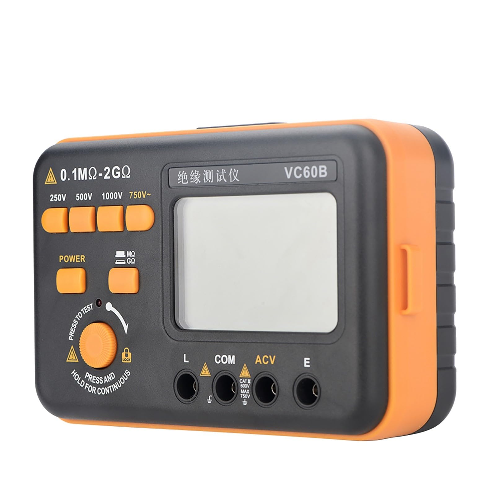 Cyfrowy miernik rezystancji izolacji VC60B, miernik wysokiego napięcia 250 V/500 V/1000 V, zakres pomiarowy 0,1 MΩ-2GΩ, wyświetlacz LCD z podświetleniem