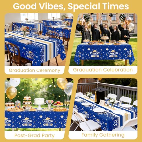 Image of LANLISA 4 Pack Graduation Tablecloth Disposable, Graduation Decorations 2026, Gongrats Grad Table Cloths for Graduation Party Supplies, Class Blue Gold Tablecover, 54 inchx108 inch