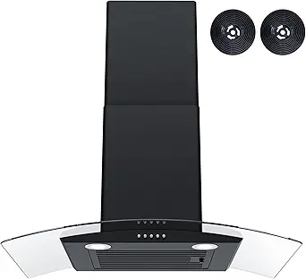 FIREGAS Wall Mount Range Hood 30 inch with 3 Speed Fan,black range hood with tempered glass,400CFM,Push Button Controls, LED Lighting, Permanent Filters in Stainless Steel,includes 2 Charcoal Filters