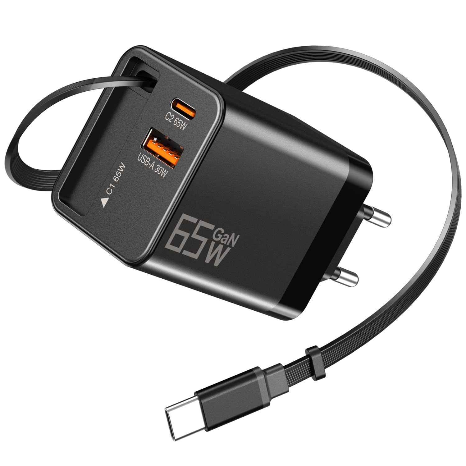 USB C Ladegerät 65W Einziehbares Ladekabel GaN Netzteil mit Ladekabel 3-Port, Retractable Charger, Schnellladegerät für Reise für MacBook Pro/Air, Galaxy S-A Serie, für iPhone 16-8 Serie, iPad, Handys