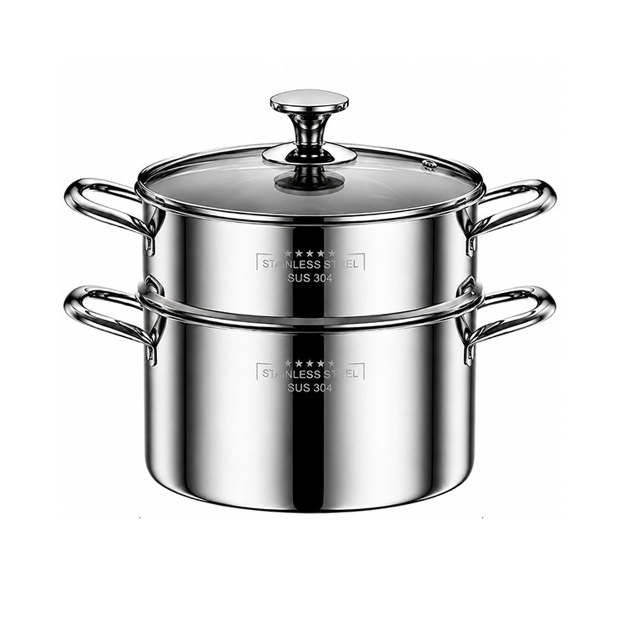 2-stöckiger Dampfgartopf aus Edelstahl mit Glasdeckel | Großer Suppentopf, kompatibel mit Induktion und Gas, for Kochen mit der Familie(22cm)