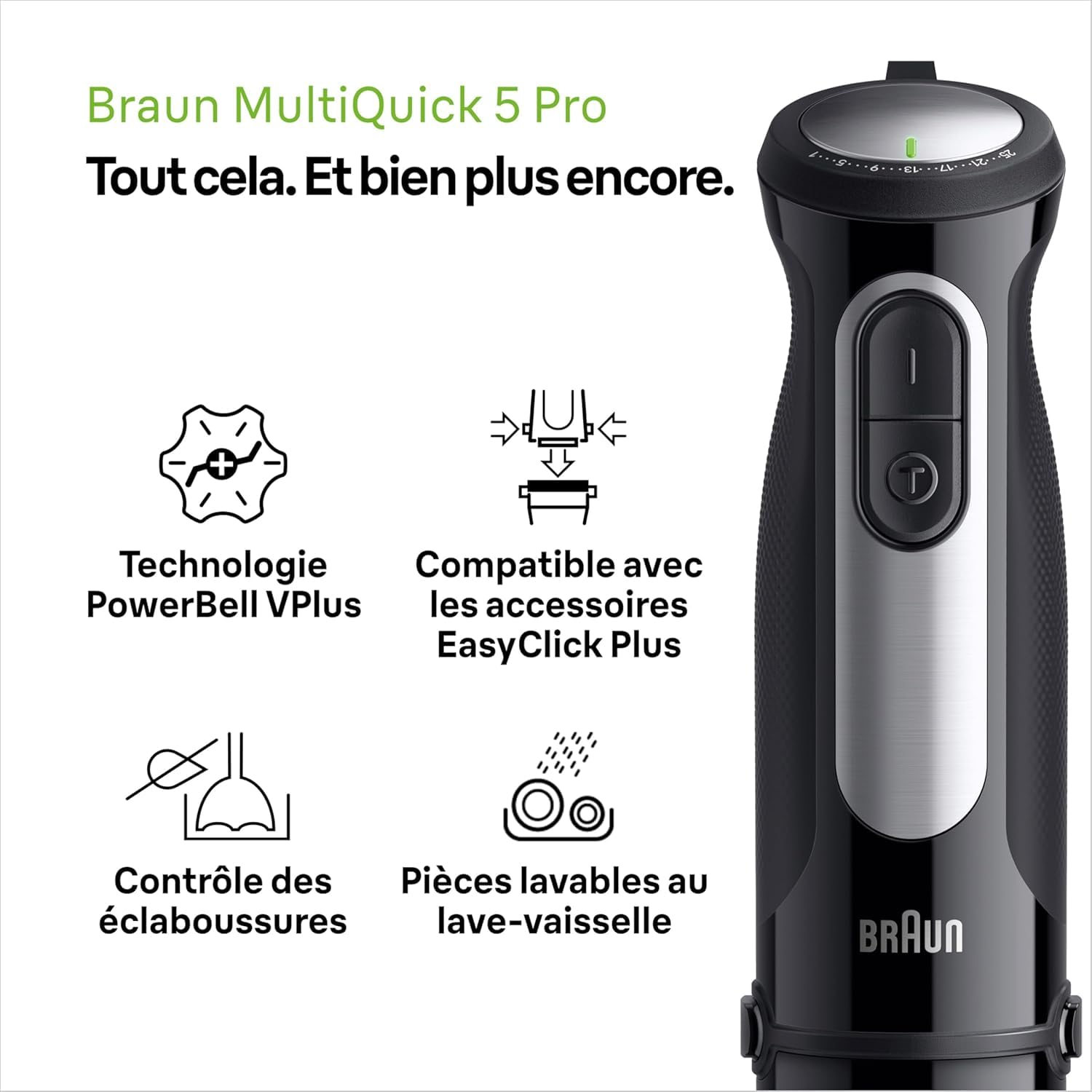 Braun MultiQuick 5 Pro - Mixeur plongeant avec Bol multifonction, mini hachoir et fouet pour soupes, smoothies et purées bébé, 25 vitesses + Turbo, 1000 W, Noir (MQ55755M)