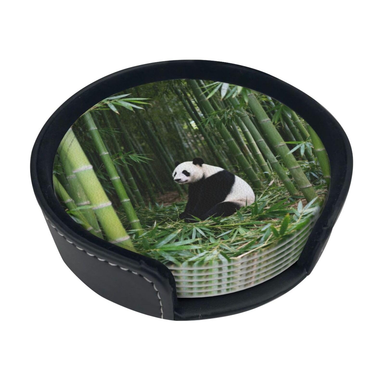 Cntdbu White Panda Bamboo Forest Leather Coasters Set Of 6-Pu Leather Drink Mats For Table, Heat Resistant Round Coasters With Holder
