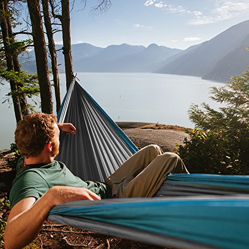 Fox Outfitters Neolite Single Camping Hammock - Lightweight Portable Nylon Parachute Hammock For Backpacking, Travel, Beach, Yard. Hammock Straps & Steel Carabiners Included (Sky Blue/Grey) #TOP2