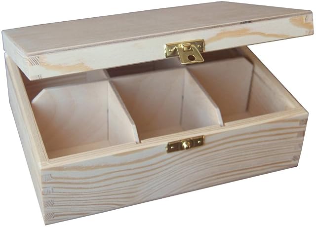 Plain Wooden Tea Bag Box with 6 compartments, Unpainted Case with Clasp, Pine Wooden Box, Unique Gift Trendy Art and Craft Project, Storage Solution with Removable Divider, Tea Bag Holder Case