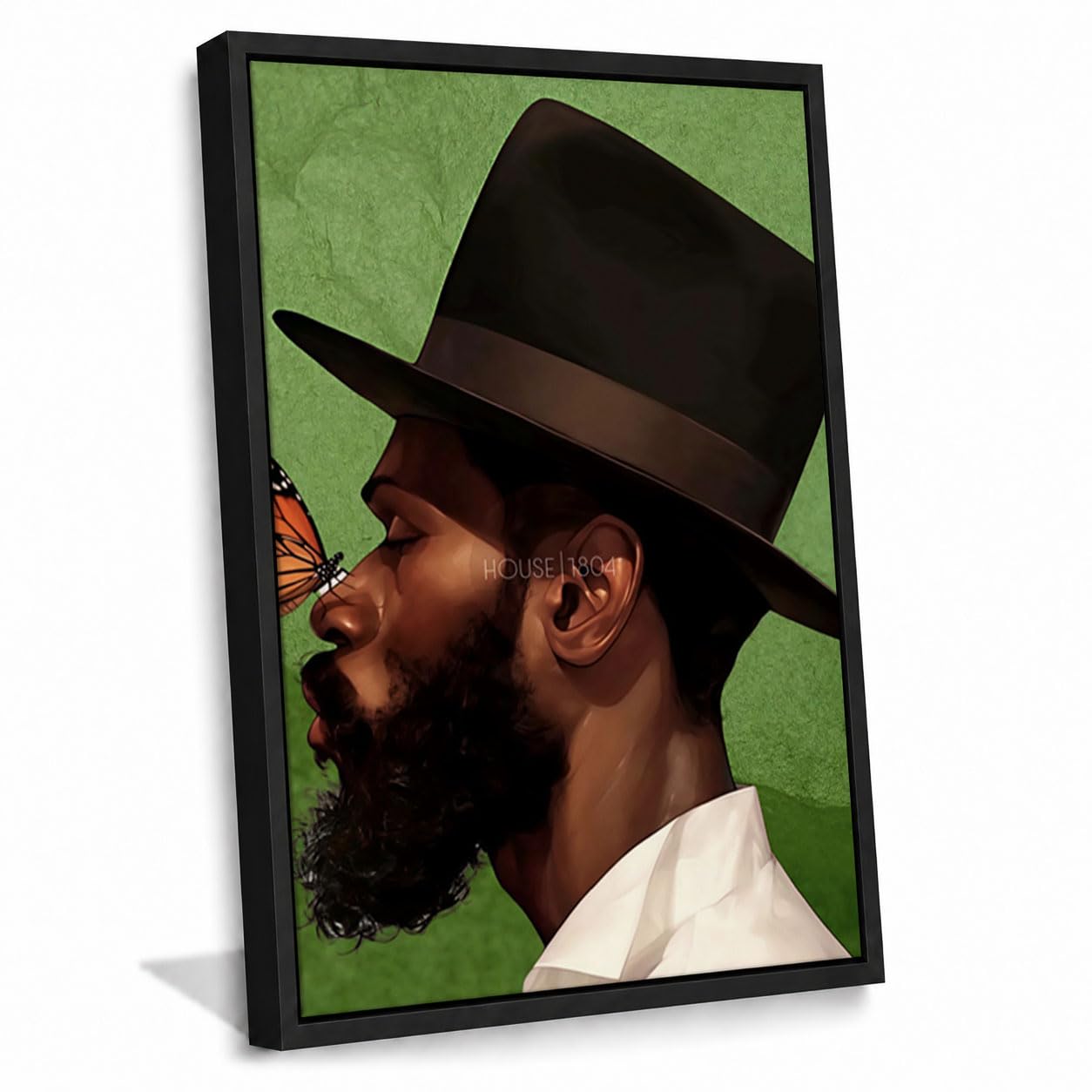 Man with Black Hat Butterfly Nose Canvas Wall Art (Black Frame,36"L x 24"W) Black Frame 36"L x 24"W