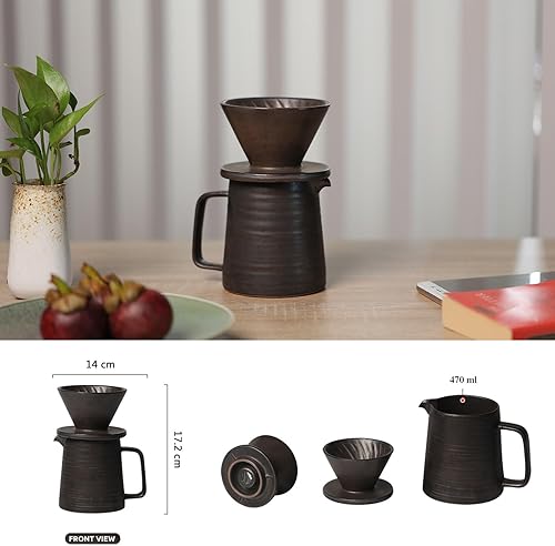 Miniatura 4 de Juego de cafetera de cerámica hecha a mano, gotero de cono de goteo manual y jarra de café para microondas, esmalte metálico retro, 16 onzas