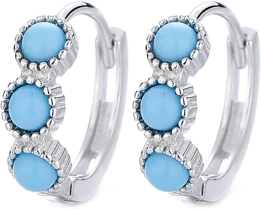 Kokoma Round Turquoise Small Hoop Earrings 925 Sterling Silver for Women Girls Minimalist Huggie Hoops Cartilage Earrings Hypoallergenic Ear Jewelry