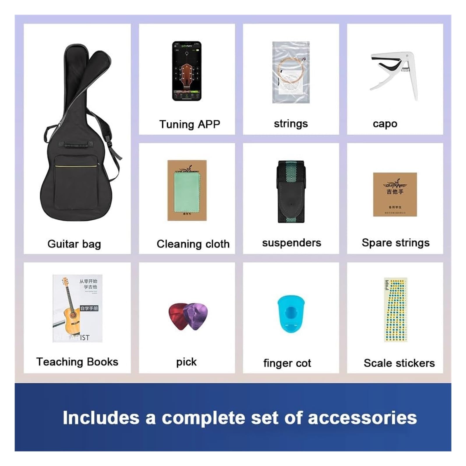 Chitarra classica lucida, kit chitarra acustica per principianti, adulti e adolescenti, con custodia, accordatore, tracolla, corde, plettri (nero)