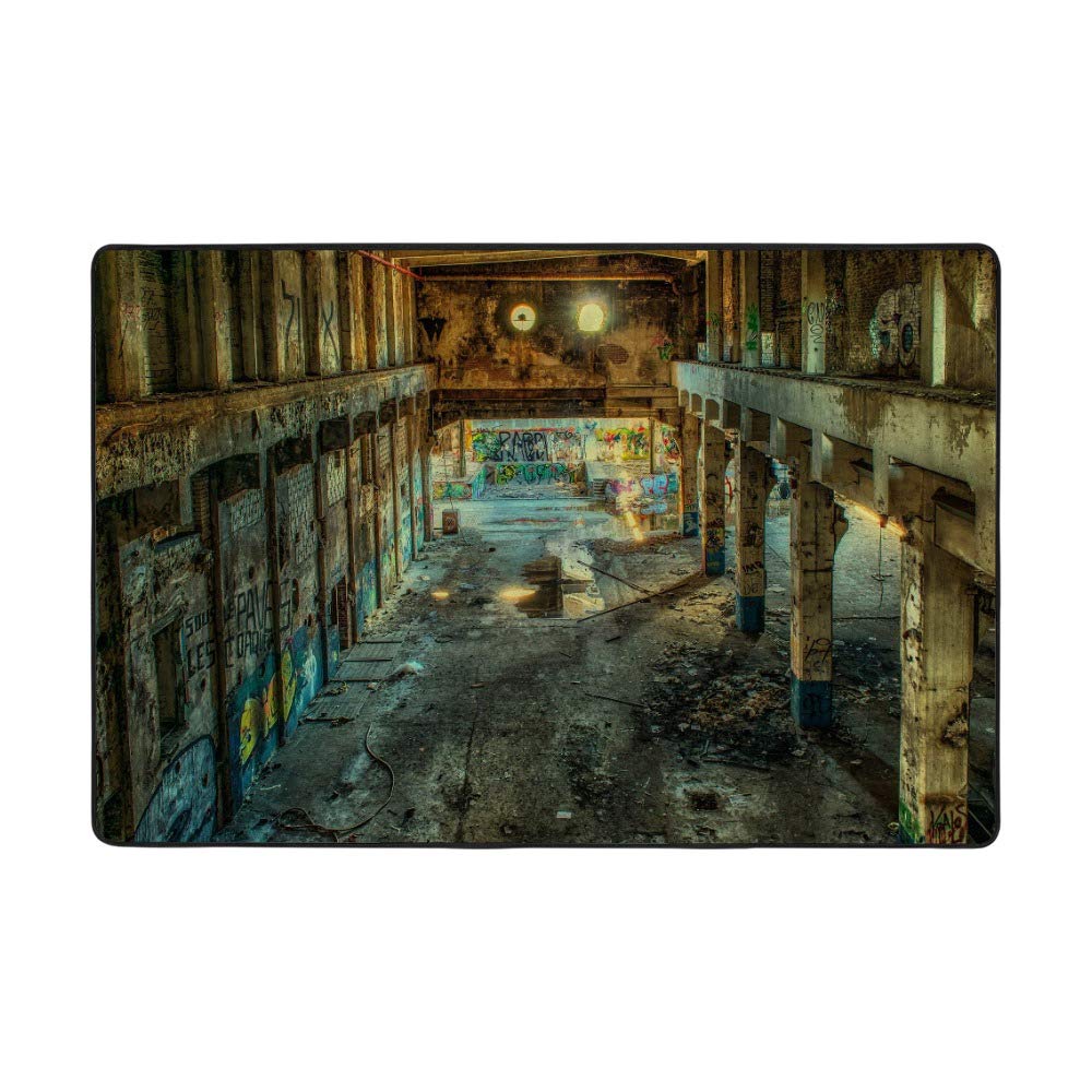 Tapis de ruine en velours corail 203x147 cm avec motifs de bâtiment moderne et style industriel