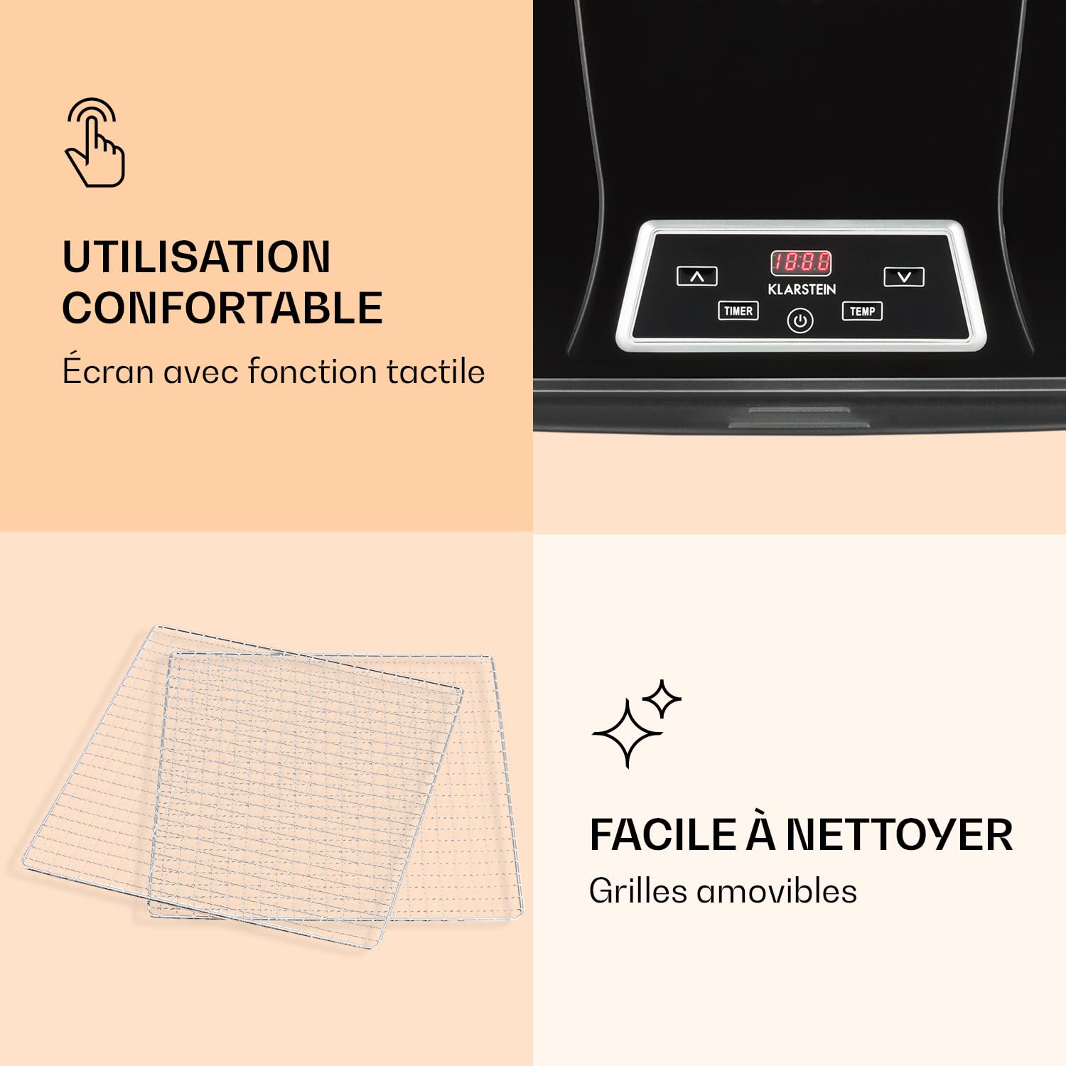 KLARSTEIN Fruit Jerky DryPower - Déshydrateur alimentaire, Machine à sécher les fruits, Le goût reste intact, Réglage température, Minuteur, Ventilateur, Grilles amovibles, Ecran, 6 Grilles, Noir