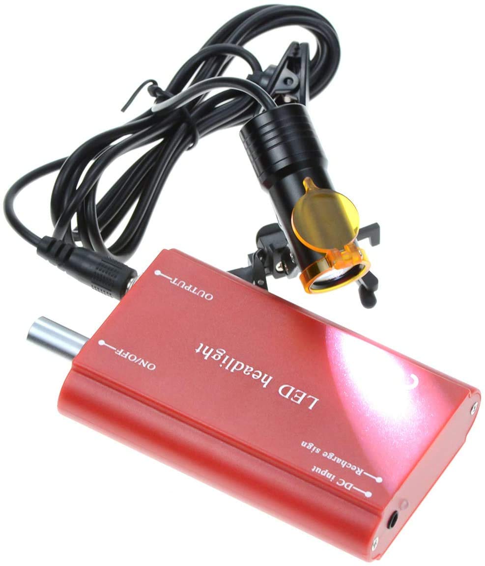 BONEW Dental Surgical Headlight Headlamp 5W LED High Power Brightness Waist Hanging Battery with Filter Clip-on Type+Cloth Case for All Glasses (Red)