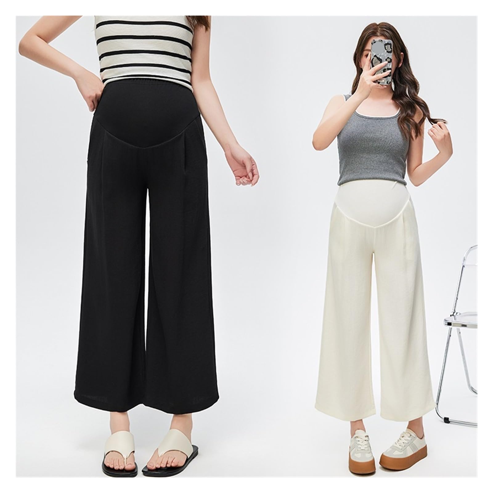 Pantalones de Maternidad de Cintura Alta, Pierna Ancha, algodón y Lino, Rectos, for Verano(Beige,XL)