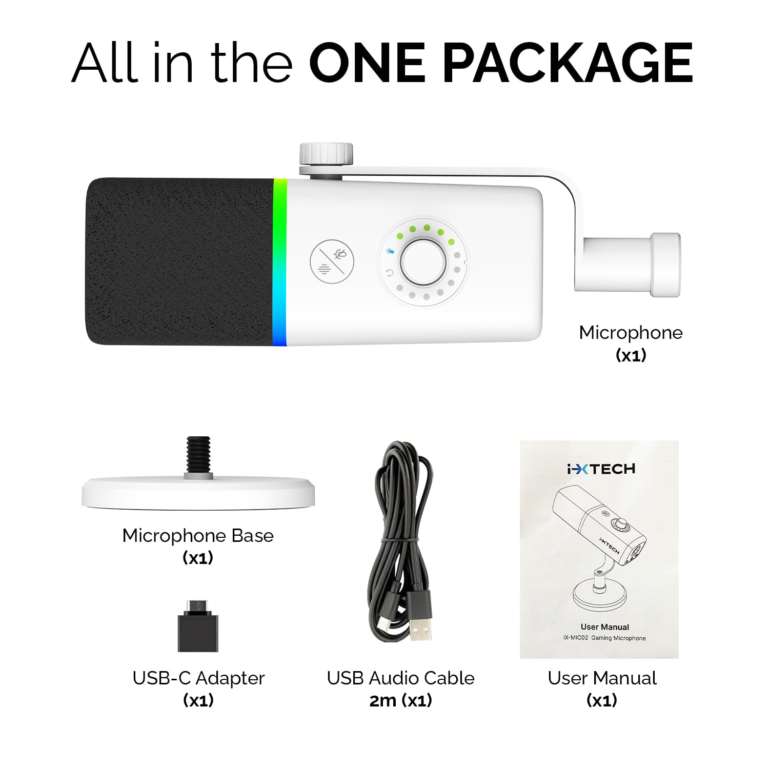 IXTECH Micrófono USB para juegos para PC, micrófono condensador con cancelación de ruido para podcasts y transmisión de video con soporte de trípode, filtro pop, montaje de choque, control de