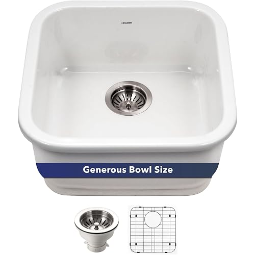 Houzer Platus White Fireclay Kitchen Sink: 19 Inch Undermount Single Bowl Square Sink with Strainer & Grid, Durable & Versatile, Essential for Home & Apartment: PTB-1919 WH-C