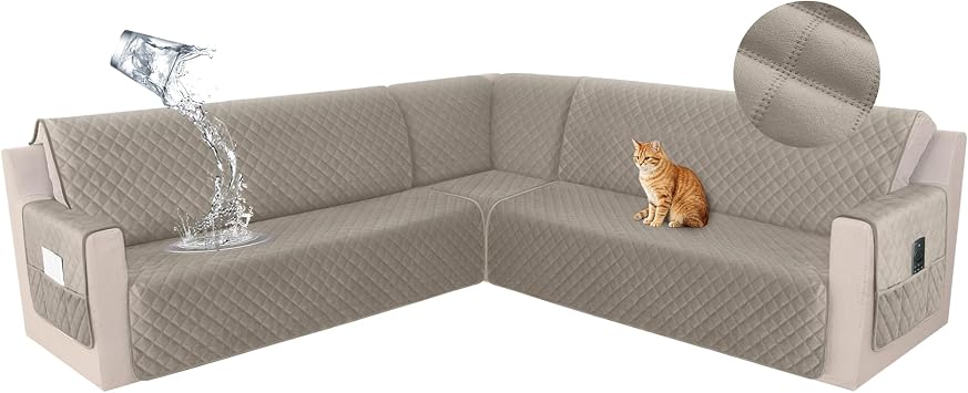 HDCAXKJ Waterproof Corner Sectional Couch Cover Velvet L Shape Sofa Covers for Pets Dogs Soft Heavy Duty U Shaped Sofa Slipcovers Sets for Sectional Non Slip Furniture Protector Khaki, XX-Large