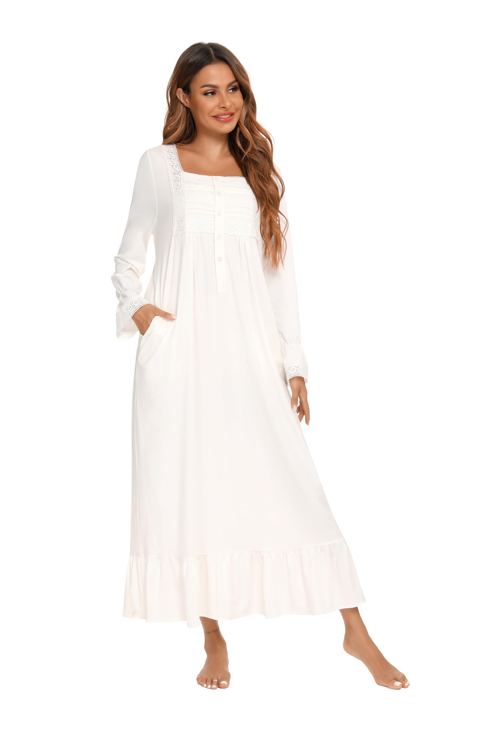 Citridarll Women's White Nightgown Victorian Nightwear Long Sleeve Vintage Pajama Dress Soft Cotton Loungewear With Pockets, Large