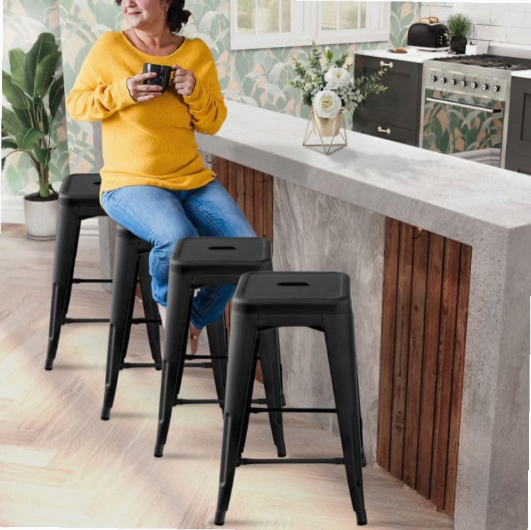 Image of Black 24 Inch Tolix Style Stackable Bar Stool Set 4-Piece Powder-Coated Metal Chairs 330lb Non-Slip X-Frame