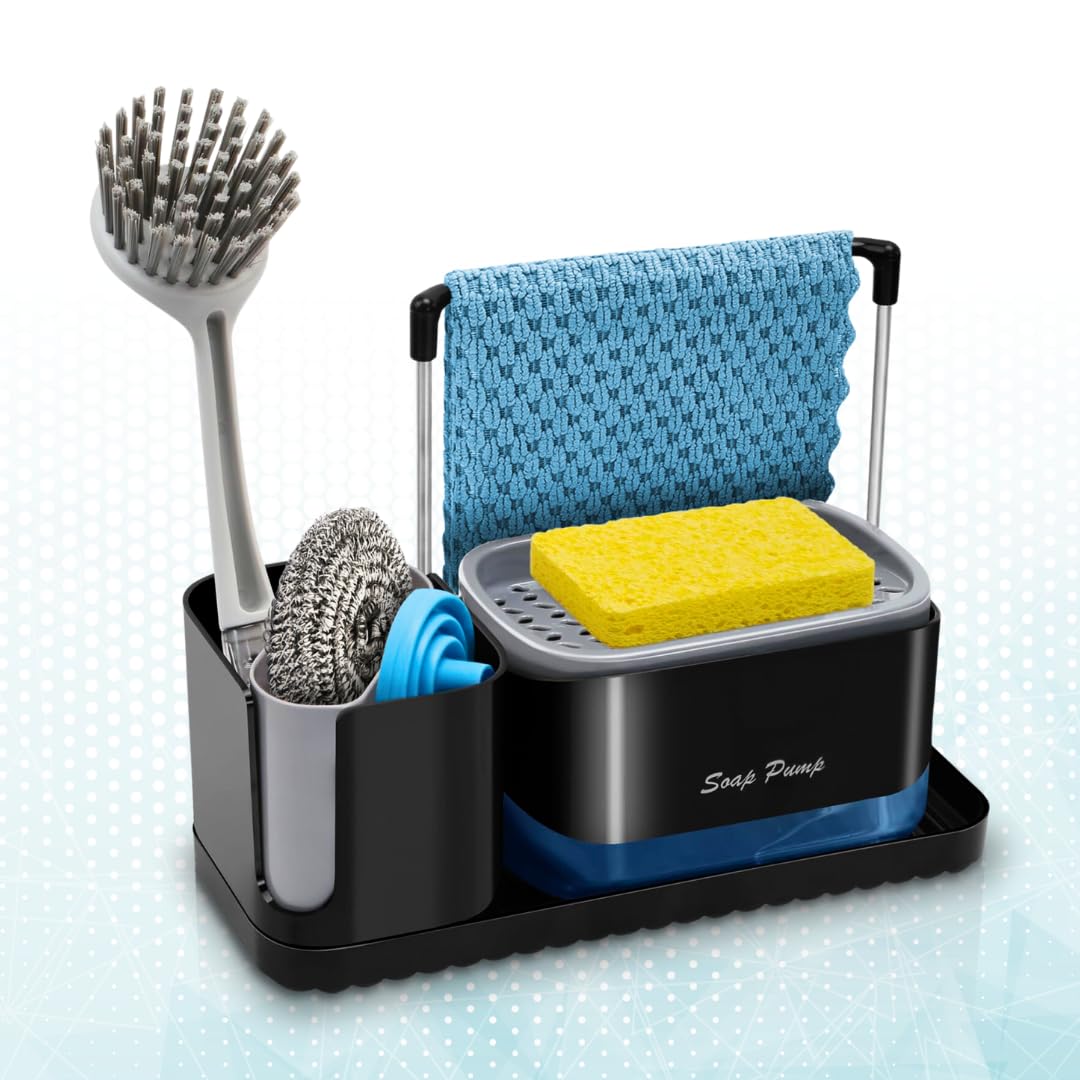 4-in-1 Dish Soap Dispenser Set with Dish Sponge Holder, Dish Cloth Holder and Dish Brush Holder - Sink Caddy Organizer for Kitchen and Bathroom Countertop - Practical Dish Soap Pump - BLACK