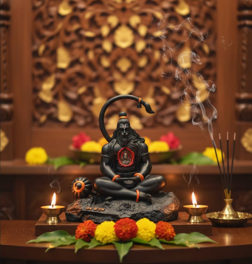 Image of POOMEE Resin Hanuman Idol Lord Hanuman Statue Black Resin Hanuman Murti for Home Mandir Pooja Room Decorative Spiritual Figurine Small 10cm Handcrafted Ram Bhakt Hanuman Gift Item
