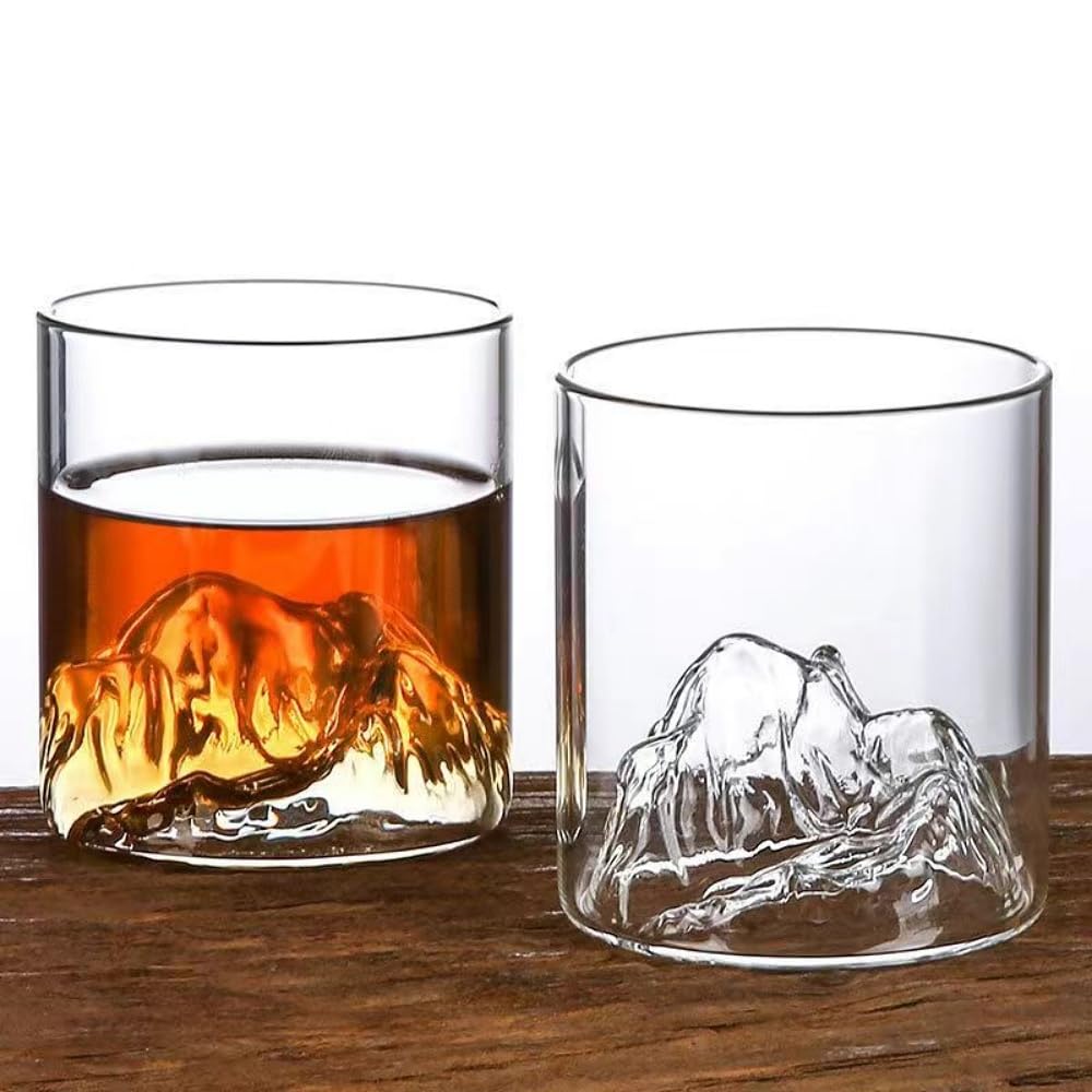 Japanese Fujiyama Whiskey Crystal Glasses 2 Pcs Set, 12 oz Old Fashioned Whiskey Glass for Cognac, Martini, Cocktail, Rum, Beer (Clear)