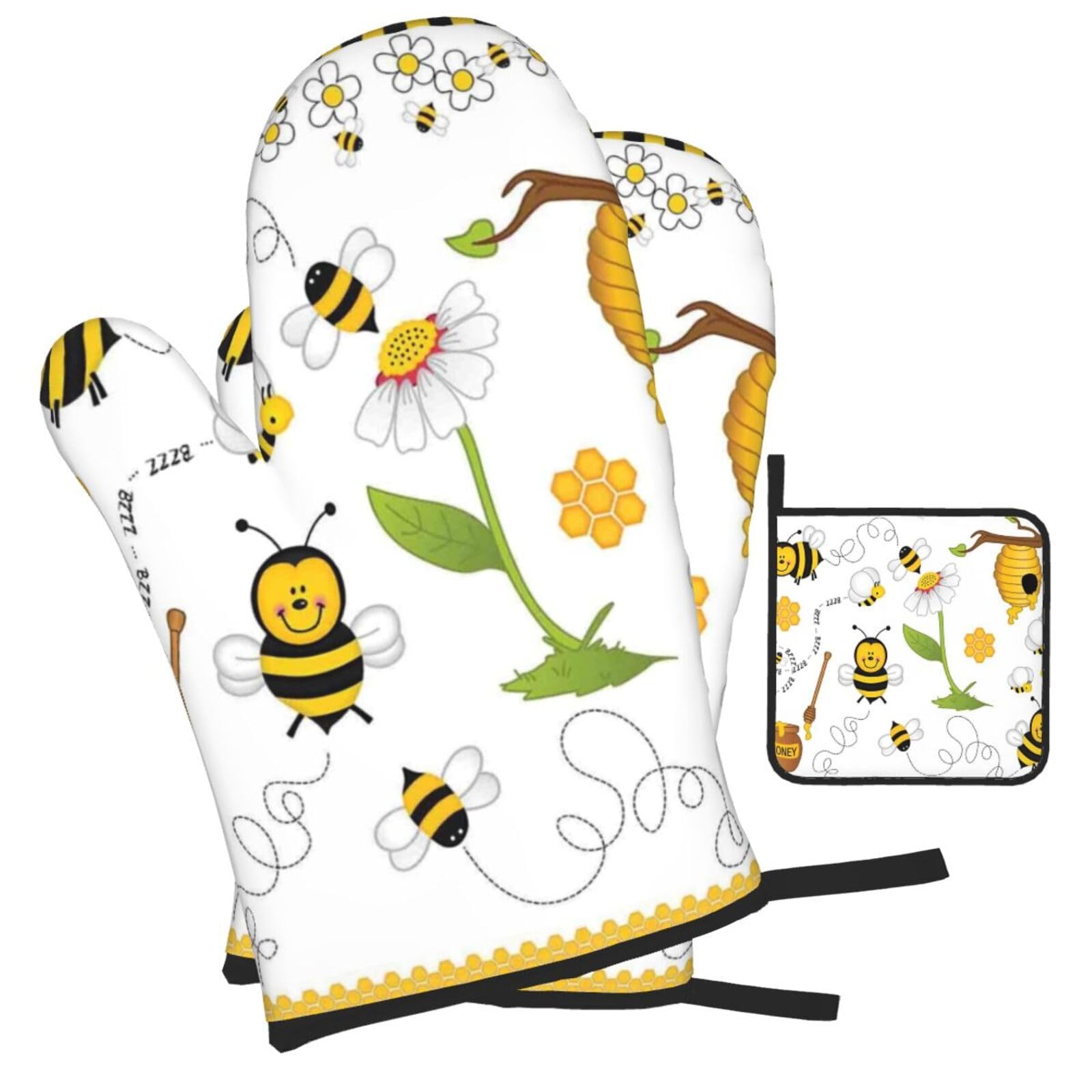 Flying Bees Daisy Honey Printed Oven Mitts and Pot Holders Heat Resistant Set of 3 Pcs, Modern Kitchen Gloves & Potholders for Cooking Baking Grilling