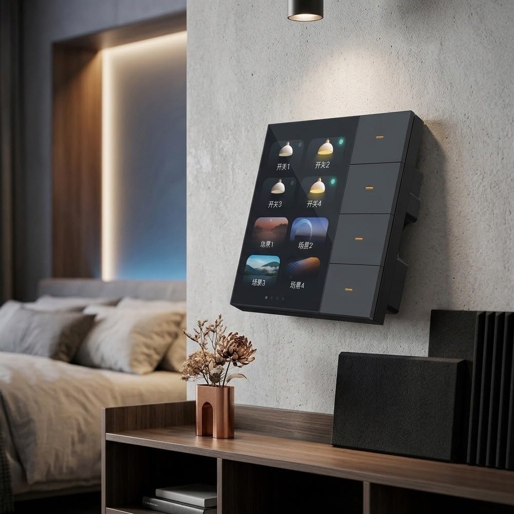 per Tuya per zigbee Smart Wall Switch Display 3,5 pollici 4 gang 8 modalità scenario dimmer tenda controller per domotica (nero)