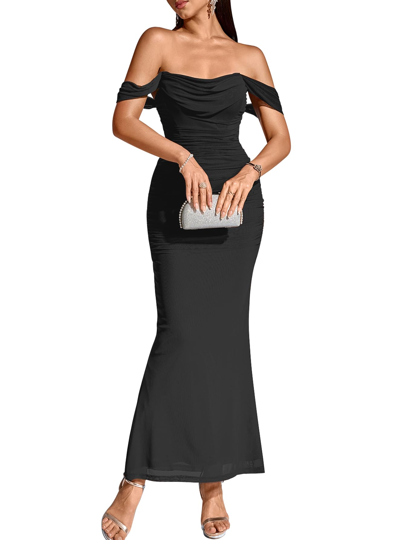 Photo 1 of KUTUMAI Off The Shoulder Maxi Long Dress Corset Ruched Bodycon Cocktail Formal Wedding Guest Dresses for Women Black M