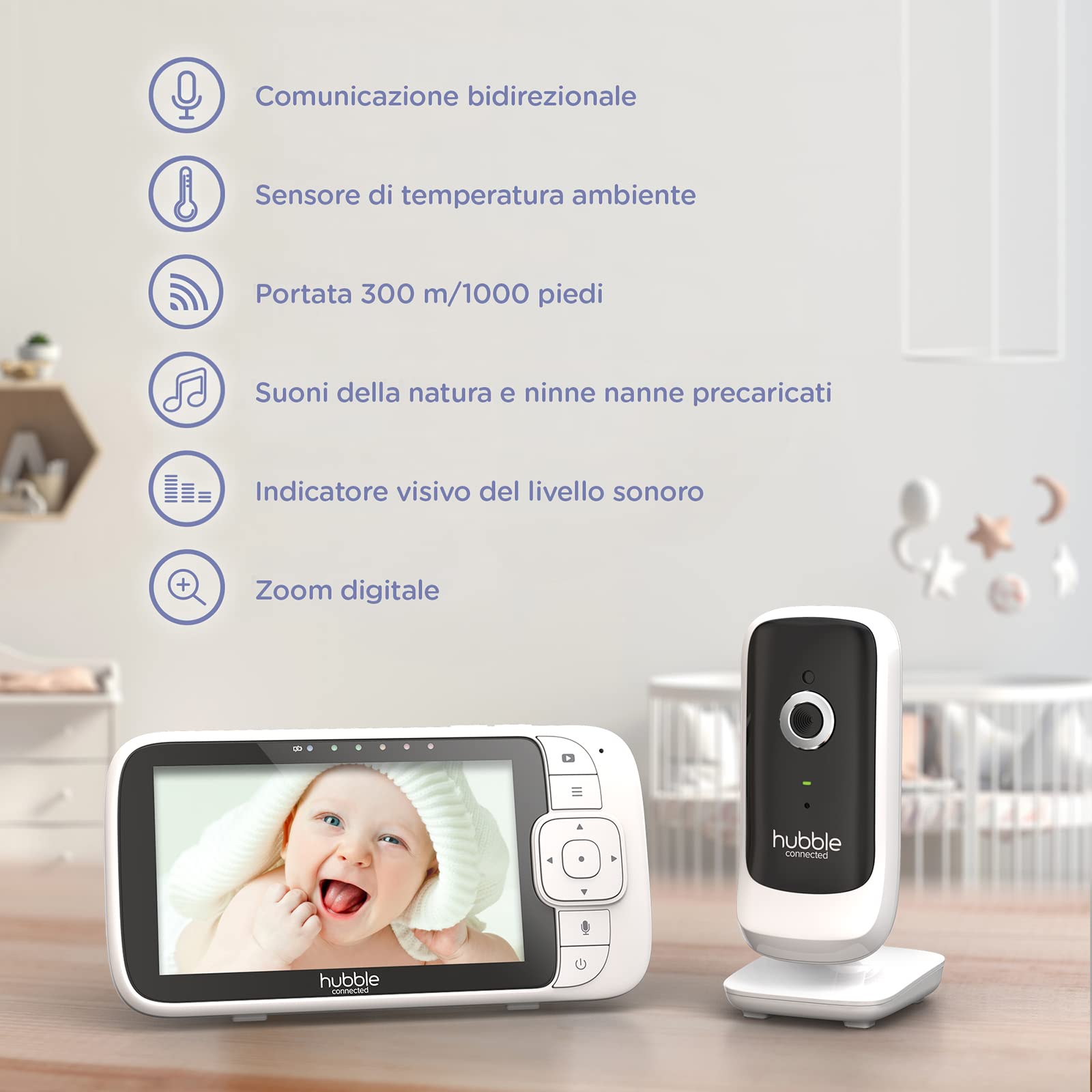 Hubble Connected Nursery View Premium Twin Baby Monitor 2 Cameras with 5" Screen, Infrared Night Vision, Split Screen, Digital Zoom and Room Temperature Sensor