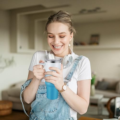 Miniatura 7 de Vaso de 40 onzas con asa y tapa con popote, taza de café de viaje 100% a prueba de fugas, taza aislada de acero inoxidable para bebidas calientes y