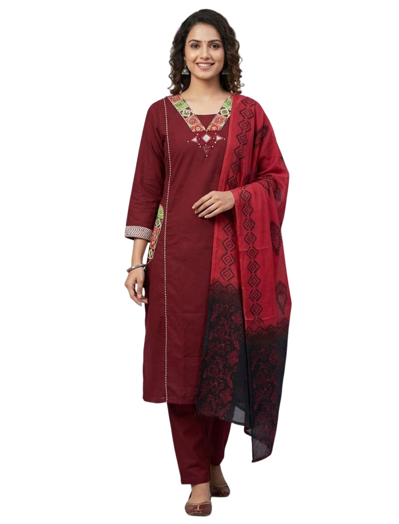 bharvita Women's Cotton Handwork Embroidered Anarkali Kurta with Palazzo Pants and Dupatta Set-picture-20
