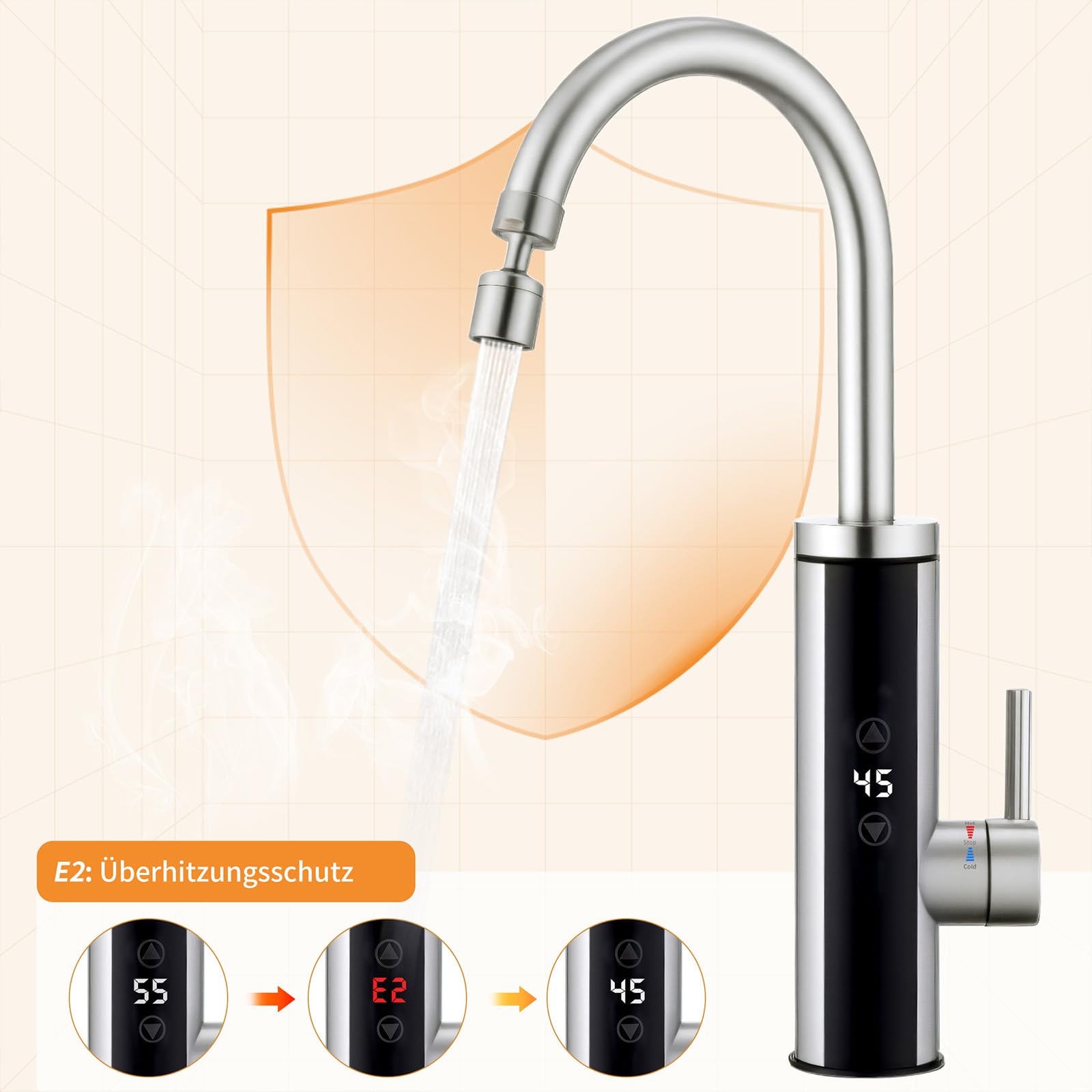 HOMELODY Elektrischer Wasserhahn mit Durchlauferhitzer 230V, Wasserhahn Küche mit Touch-Temperaturregler & LED-Display, Anti-Spritz Edelstahl Küchenarmatur, Durchlauferhitzer Küche, Garten & Camping
