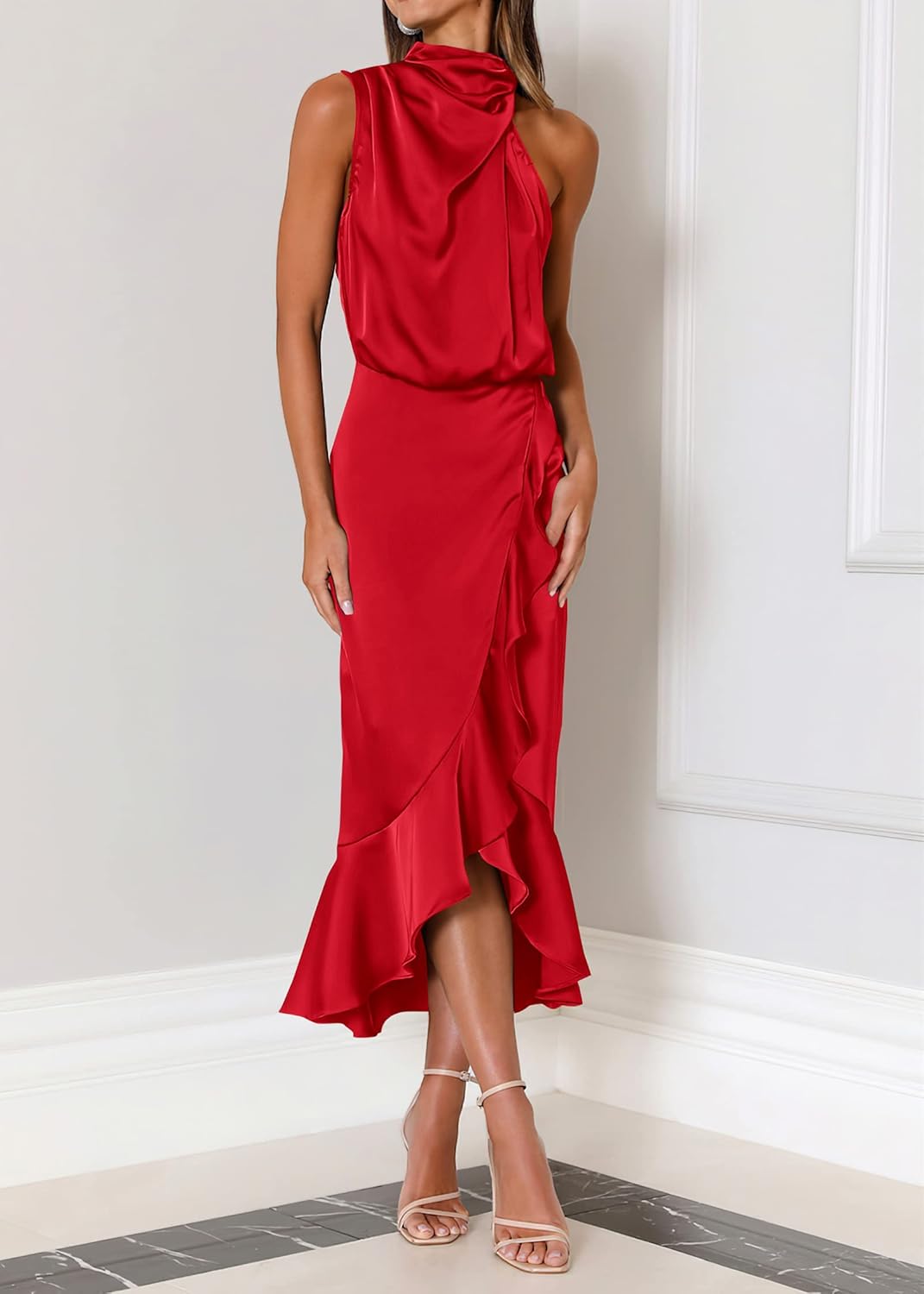 KIRUNDO Women 2026 Spring Summer Satin Mock Neck Wedding Guest Party Cocktail Midi Dress Sleeveless Wrap Ruffle Formal Dress - Image 4