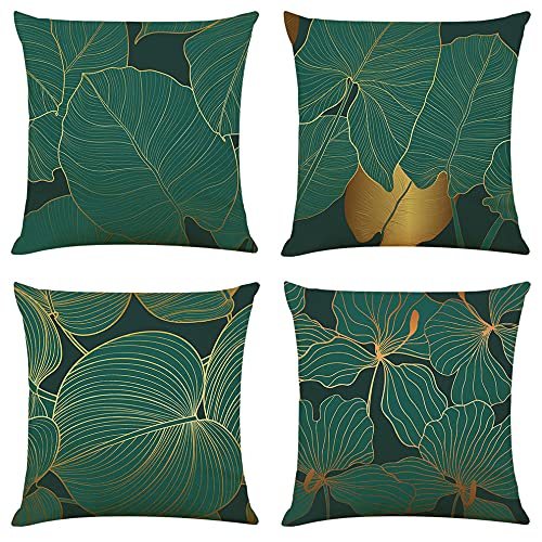 Lot de 4 Housse de Coussin Décoratif Canapé Feuilles Vertes Double Face Taie d'oreiller Canapé en Carrée Lin de Coton pour Voiture Canapé Chambre Maison Intérieur Décoratif I959 60x60cm / 24x24