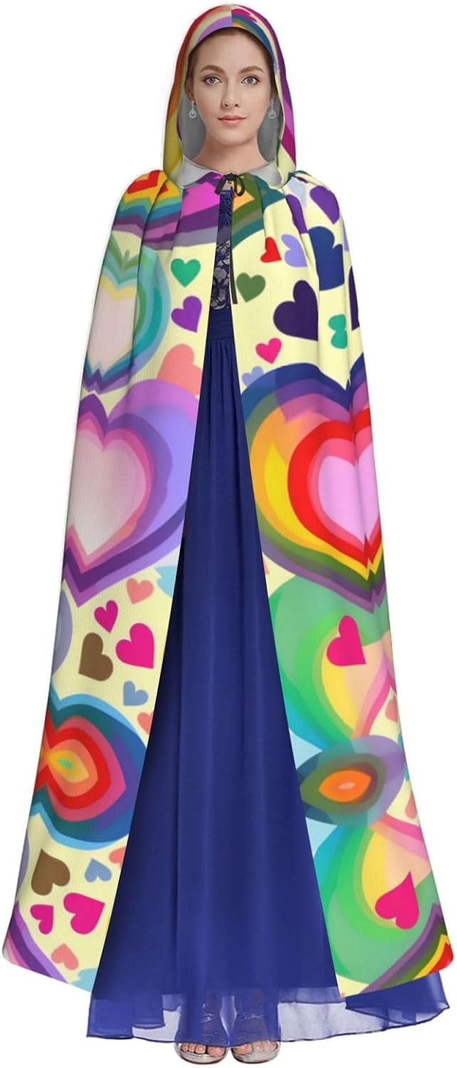 Hearts In Rainbow Colors Print Men Hooded Cloak,Wizard Hooded Robe,Witch Cape Cosplay Costume Halloween Party Capes