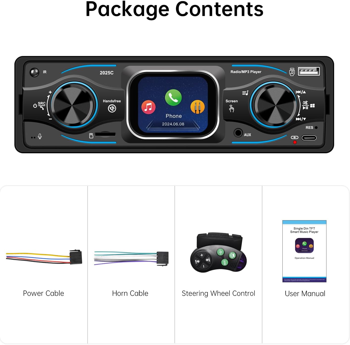 Diagram showing the package contents: main unit, power cable, horn cable, steering wheel control, and user manual.