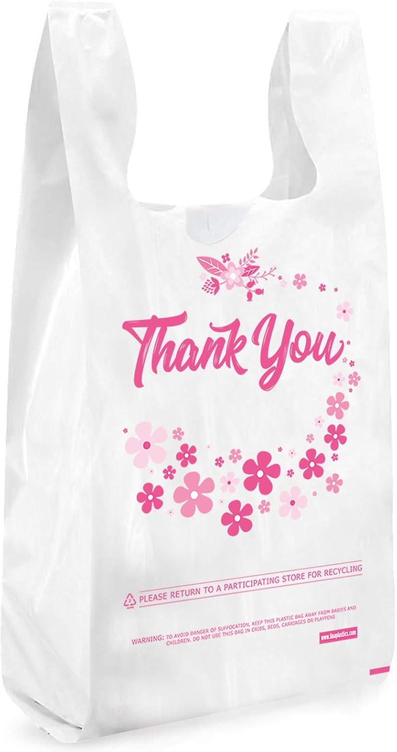 Lina Plastics- Thank You T-Shirt Bags, Plastic-Bulk Shopping Bags, Restaurant Bag -Plastic Bags in Bulk (12" x 7" x 23")