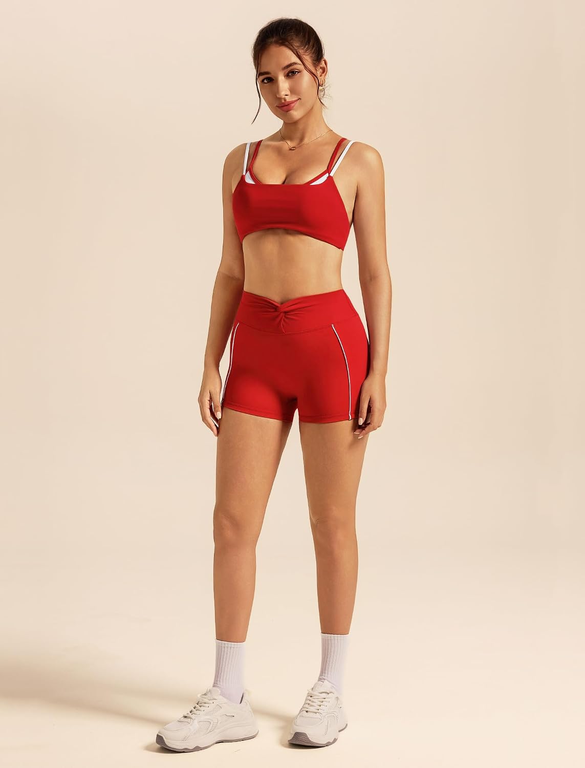 Women's Yoga Sets Compression Color Contrast Sports Bra and Knot Front Butt-lifting Shorts Active Jogger Outfits