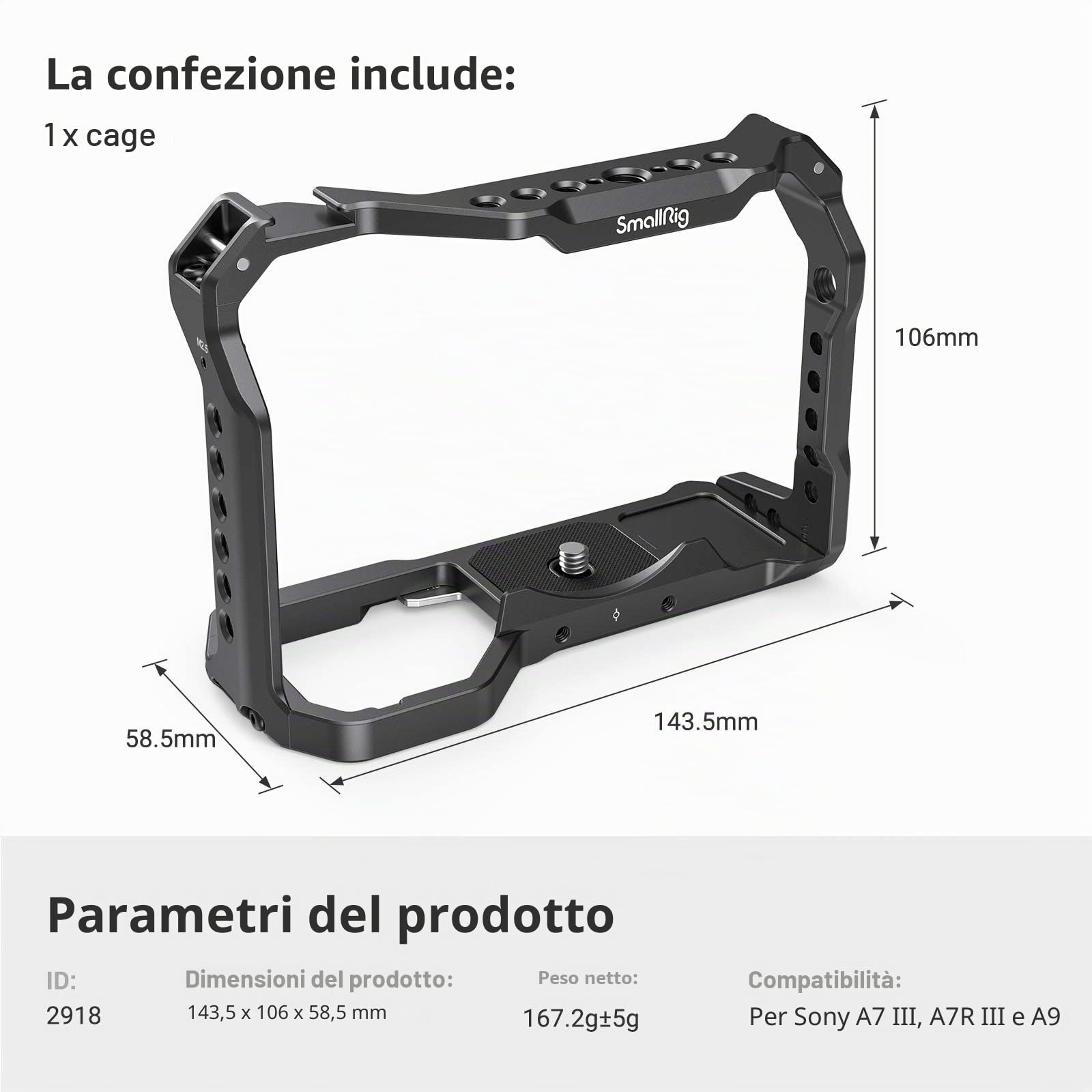 SMALLRIG A7III A7RIII Cage, Gabbia Leggera per Sony A7III A7RIII A9-2918