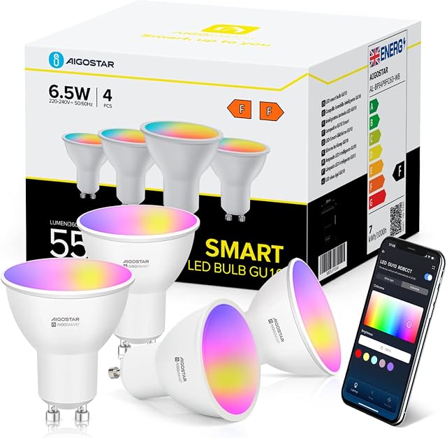 Aigostar GU10 Smart Bulb, 6.5W Colour Changing Alexa Light Bulb, Dimmable WiFi Smart Bulb Compatible with Alexa and Google Home,RGBCW GU10 LED Bulbs, 4 Packs LED Spot Lights (2.4GHz WiFi Only)