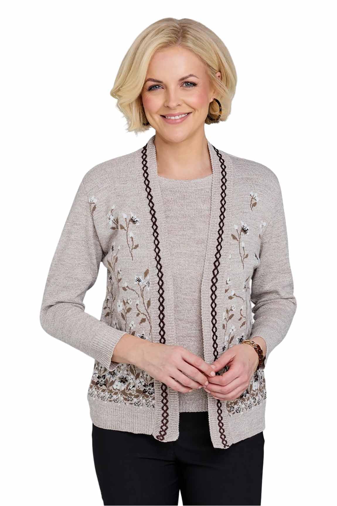 Chums Ladies Floral Jacquard Mock Twin Set Cardigan with Elegant Edge Trim Detail, Comfortable Stretch Fit Stone 10-12