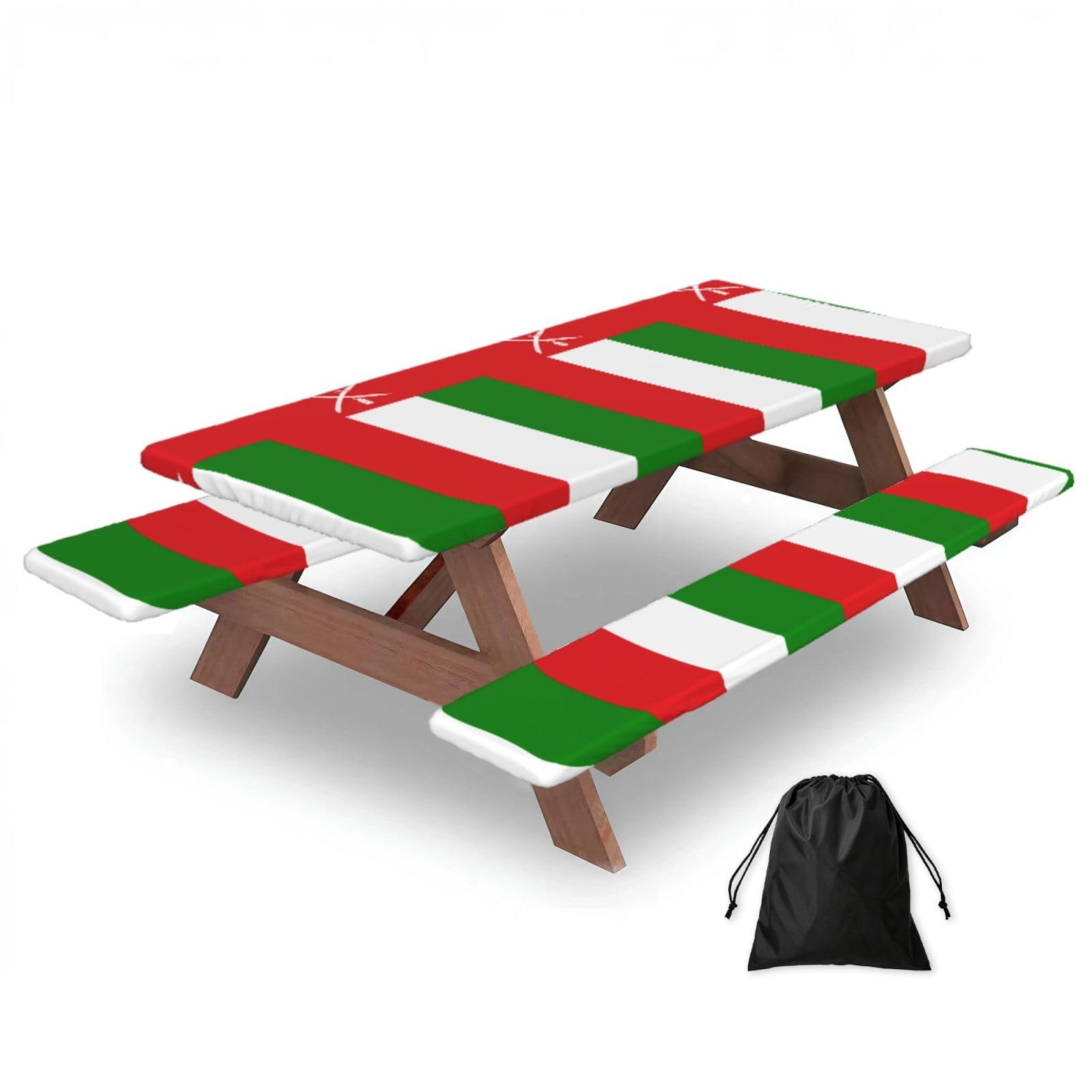 72in Camping Table Cover & Bench Covers 3-Pack Set, Flag of Oman Print Tablecloths, for Rectangle Tables Picnic
