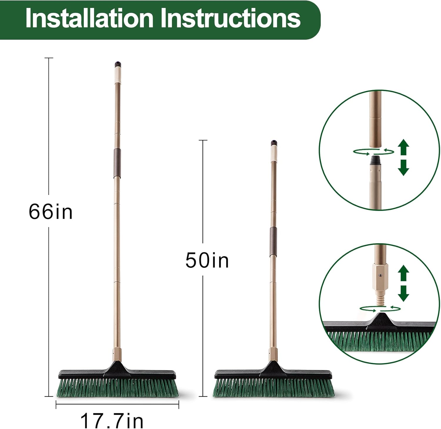 Eyliden 17.7" Wide 66" Long Handle Heavy-Duty Push Broom - Professional Outdoor Brooms with Stiff Bristles,Garage Broom Heavy Duty for Sidewalk Driveway Yard Patio Decks Bathroom Cleaning (Green) : Health & Household