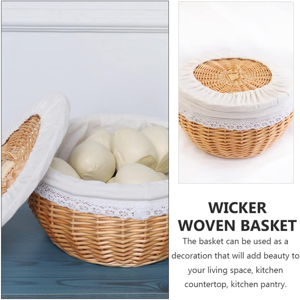 Zerodeko Round Wicker Basket, White and Khaki, 12"