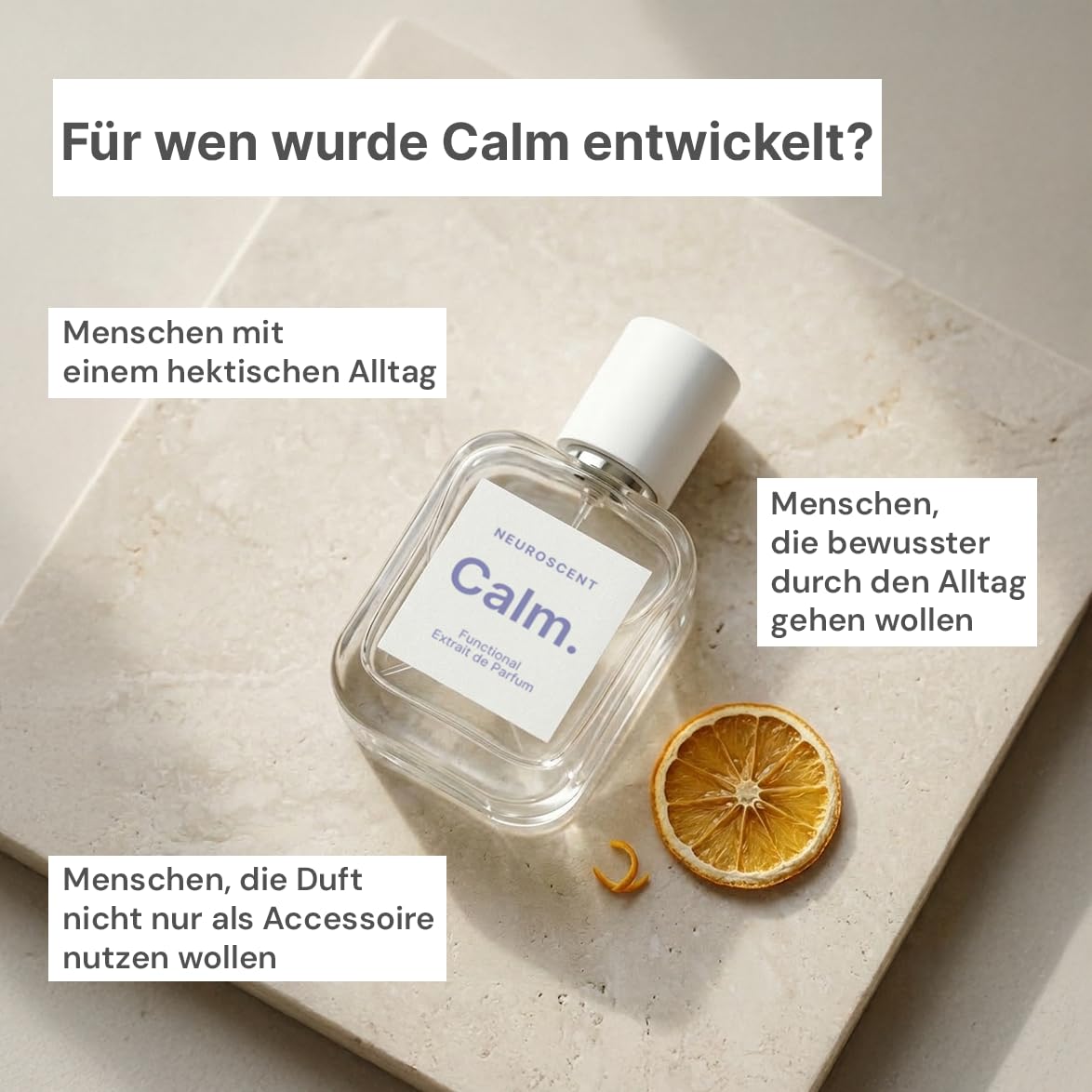 Calm | Functional Extrait de Parfum für Ruhe & Balance | Neurowissenschaftlich inspirierter Duft | Unisex für Damen & Herren | Mandarine, Feige & Vanille