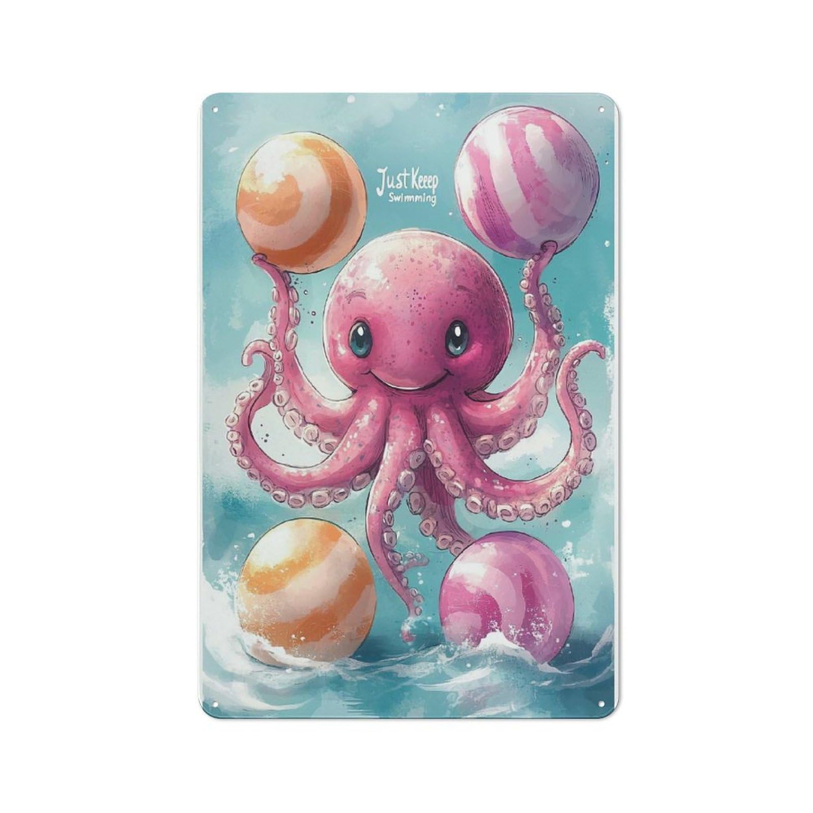 Junmoney Smiling Octopus Just Keep Swimming Tin Sign 30X20cm For Pub Or Café, Retro-Style Wall Decor, For Garage, Workshop And Man Cave Decoration