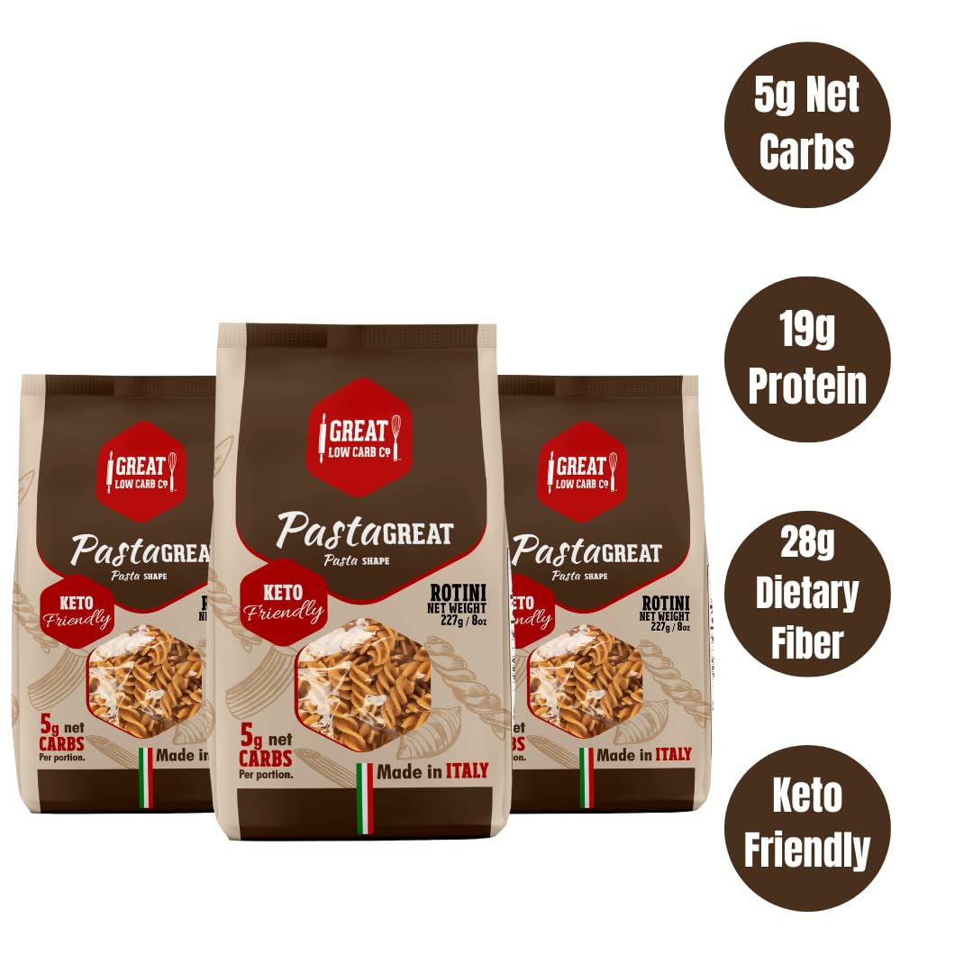 Low Carb Pasta, Keto Pasta, Great Low Carb Bread Company ,7g Net Carbs, 12g of Protein, Non GMO, (Rotini, 3 Pack)