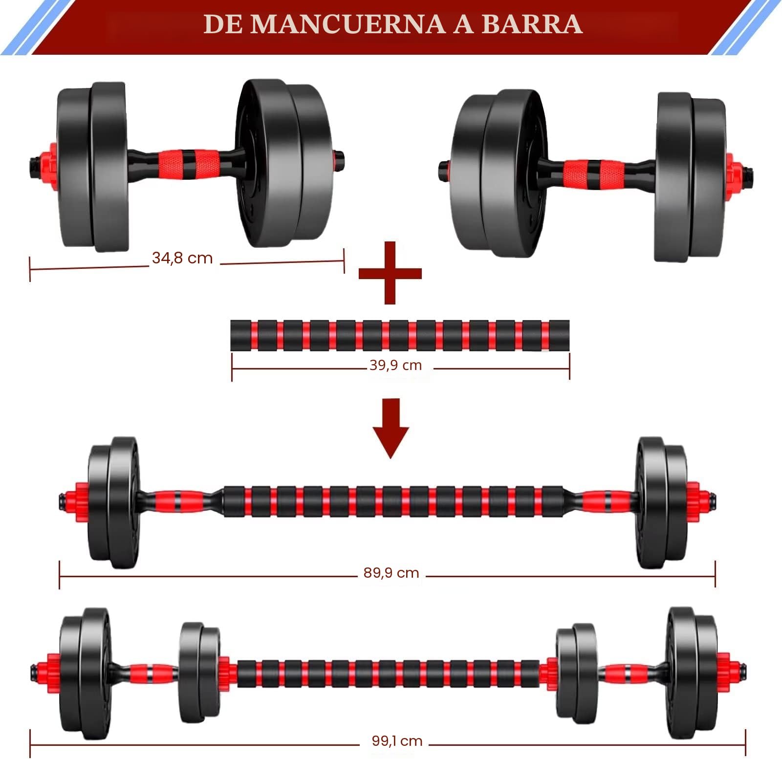 Mancuernas-Ajustables, Juego de Pesas con Barra Libremente Combinable, 10/15KG 2 En 1 Kit de Levantamiento de Pesas para Gimnasio en casa, Pesos Fitness para Hombres/Mujeres